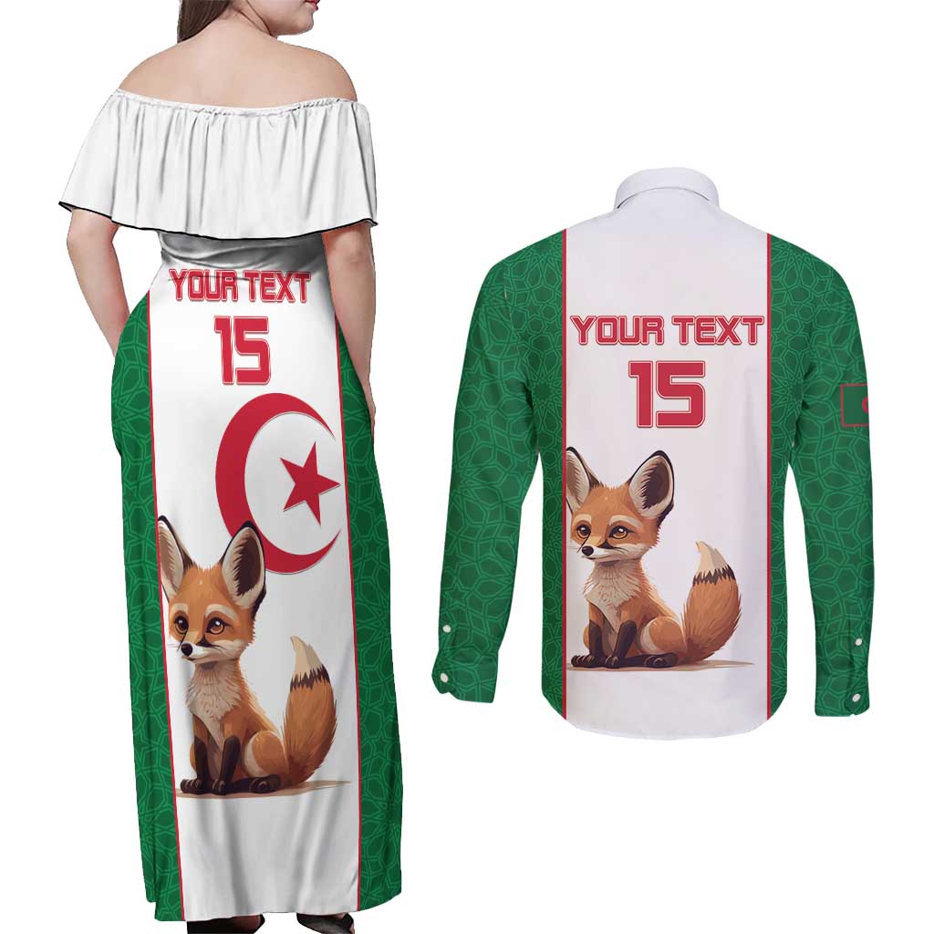 Custom Algeria Football Couples Matching Off Shoulder Maxi Dress and Long Sleeve Button Shirt Go Fennec Foxes