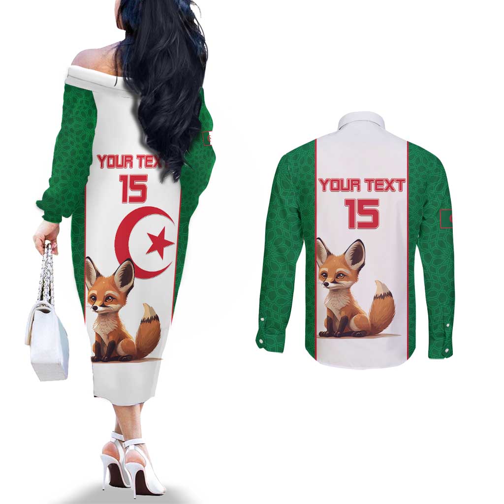 Custom Algeria Football Couples Matching Off The Shoulder Long Sleeve Dress and Long Sleeve Button Shirt Go Fennec Foxes