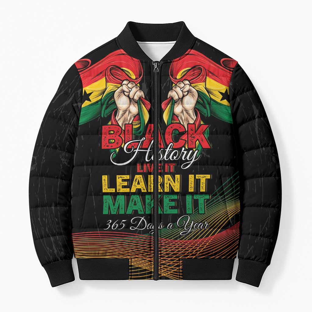 Personalized Ghana Black History Month Bomber Puffer Jacket Live It Learn It Make It - Wonder Print Shop