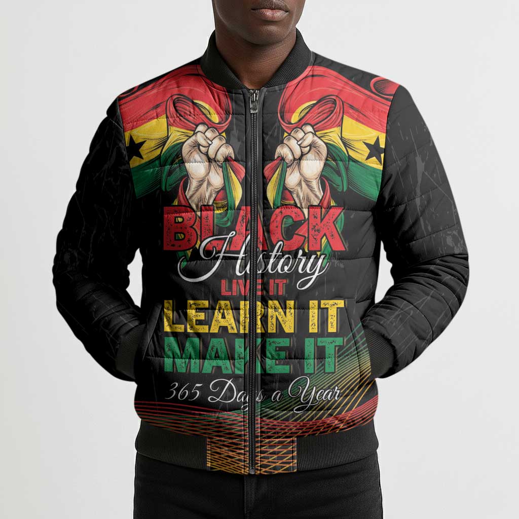 Personalized Ghana Black History Month Bomber Puffer Jacket Live It Learn It Make It - Wonder Print Shop