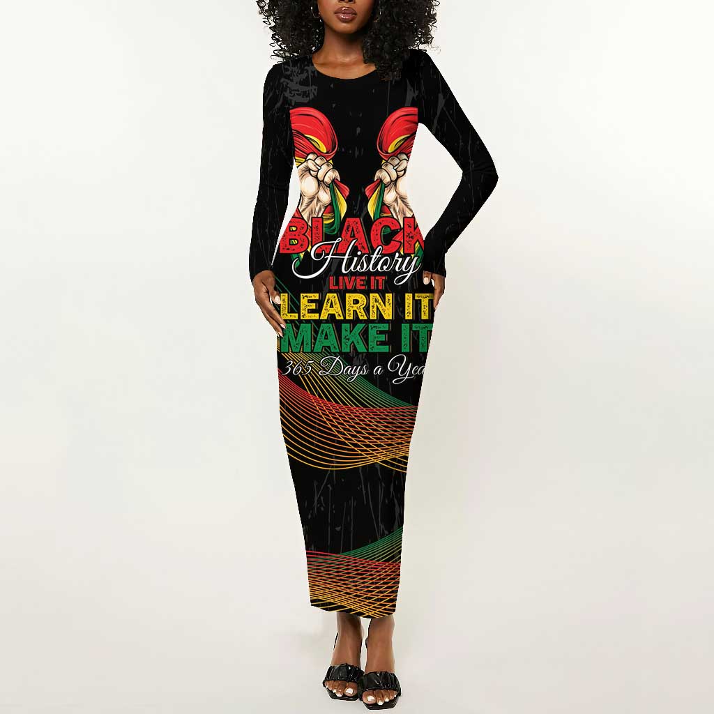 Personalized Ghana Black History Month Long Sleeve Bodycon Dress Live It Learn It Make It - Wonder Print Shop