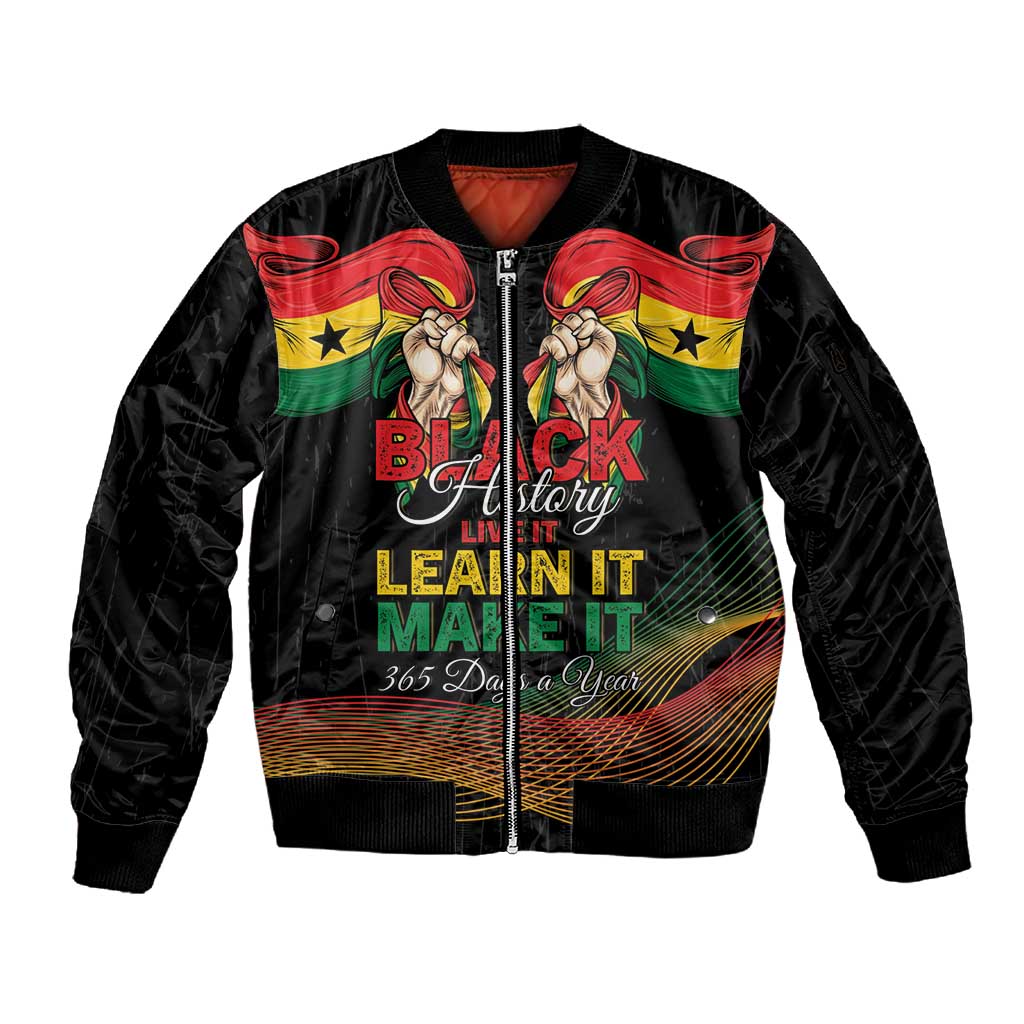 Personalized Ghana Black History Month Sleeve Zip Bomber Jacket Live It Learn It Make It - Wonder Print Shop