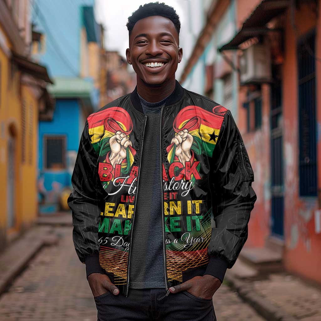 Personalized Ghana Black History Month Sleeve Zip Bomber Jacket Live It Learn It Make It - Wonder Print Shop