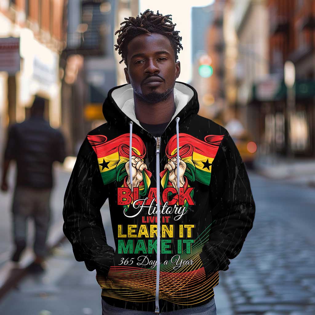 Personalized Ghana Black History Month Zip Hoodie Live It Learn It Make It - Wonder Print Shop