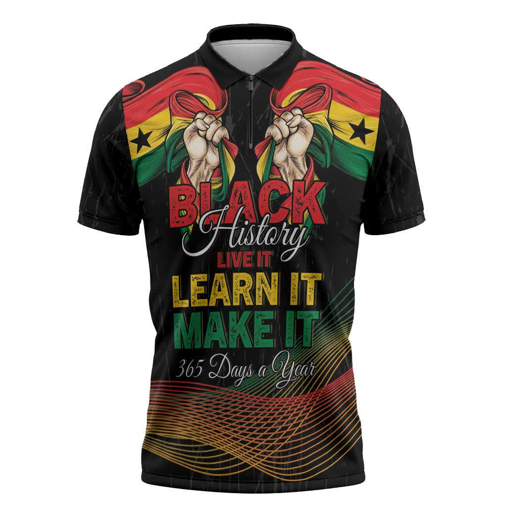 Personalized Ghana Black History Month Zipper Polo Shirt Live It Learn It Make It - Wonder Print Shop