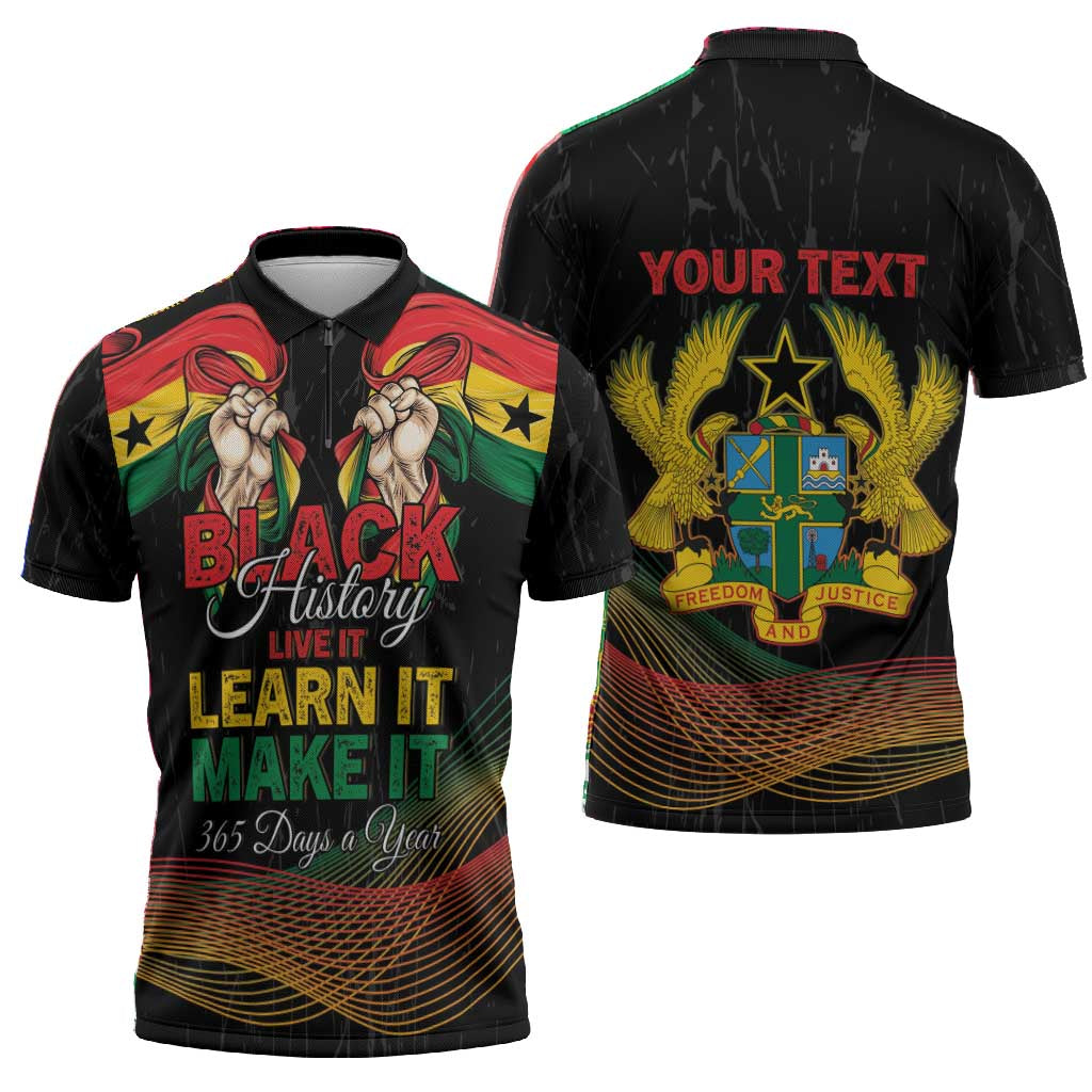 Personalized Ghana Black History Month Zipper Polo Shirt Live It Learn It Make It - Wonder Print Shop