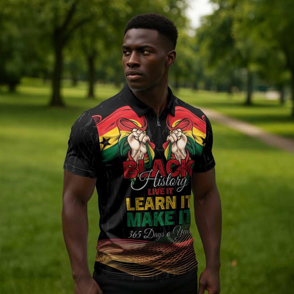 Personalized Ghana Black History Month Zipper Polo Shirt Live It Learn It Make It - Wonder Print Shop