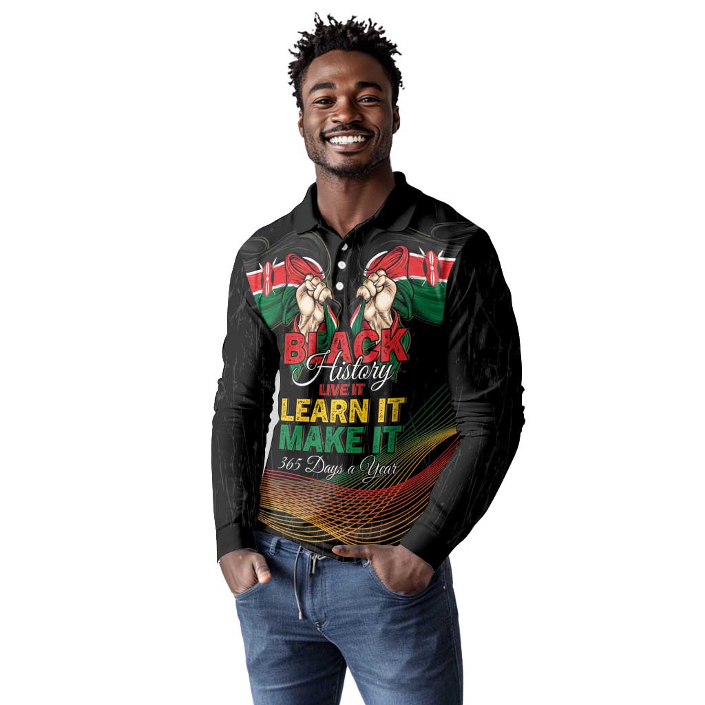 Personalized Kenya Black History Month Long Sleeve Polo Shirt Live It Learn It Make It - Wonder Print Shop