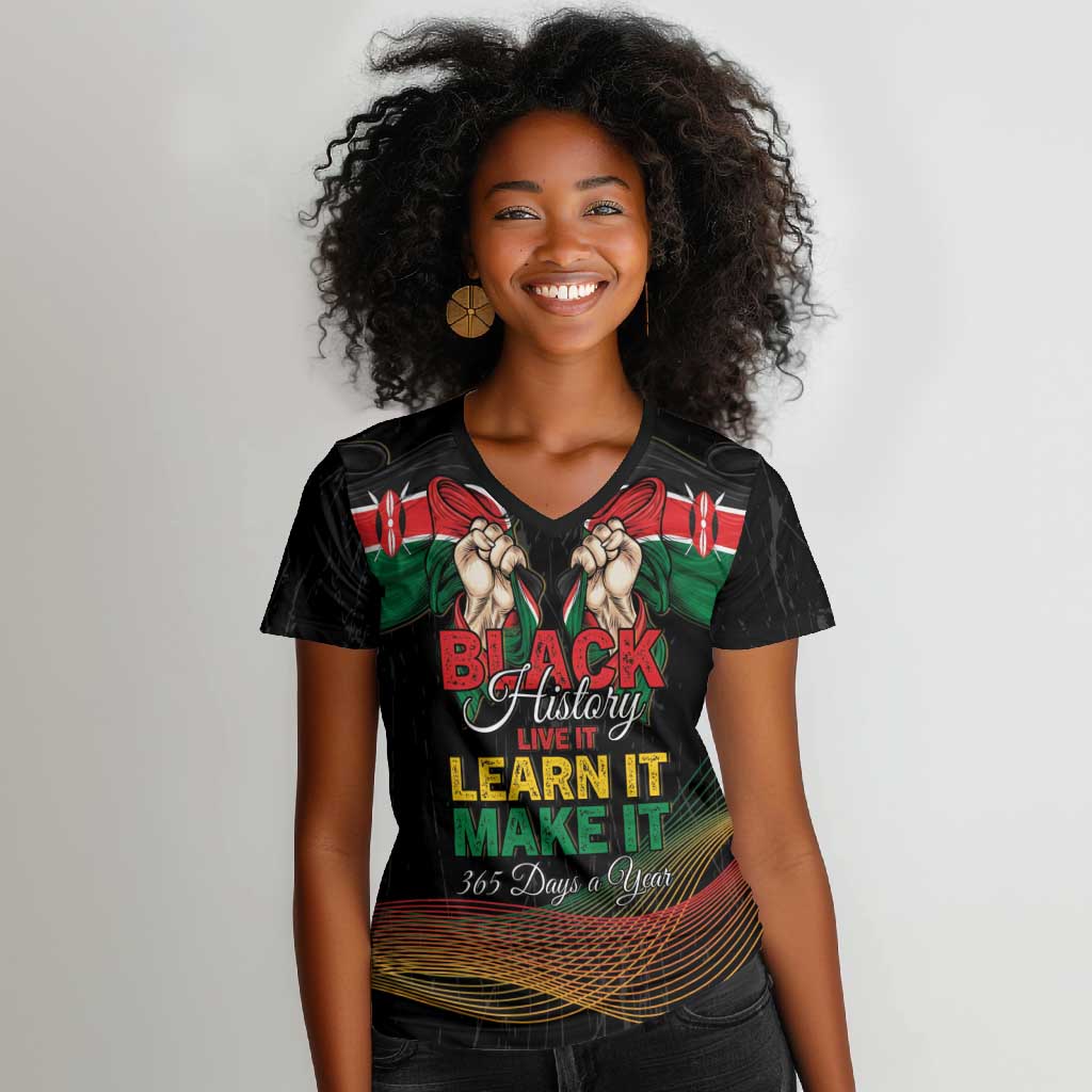 Personalized Kenya Black History Month Women V-Neck T-Shirt Live It Learn It Make It - Wonder Print Shop