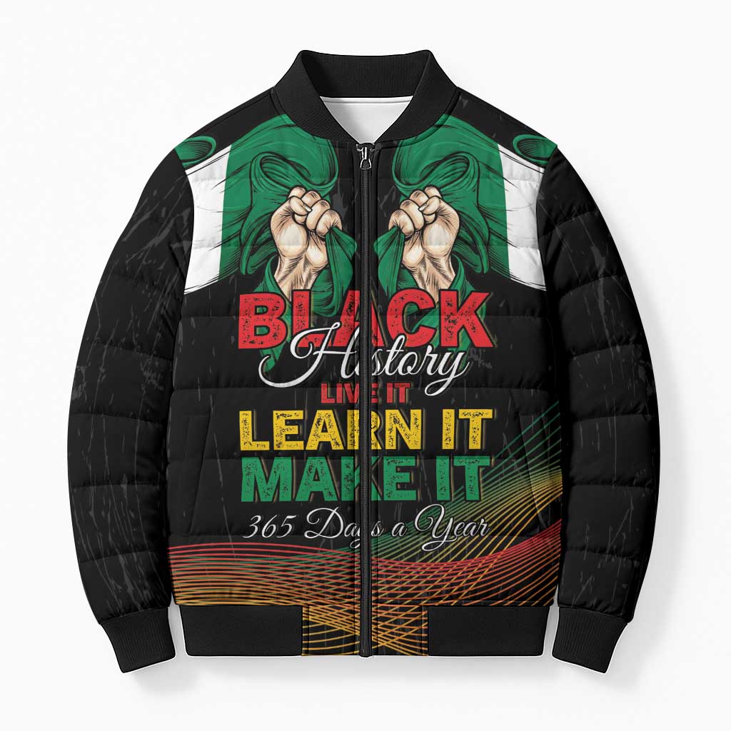Personalized Nigeria Black History Month Bomber Puffer Jacket Live It Learn It Make It - Wonder Print Shop