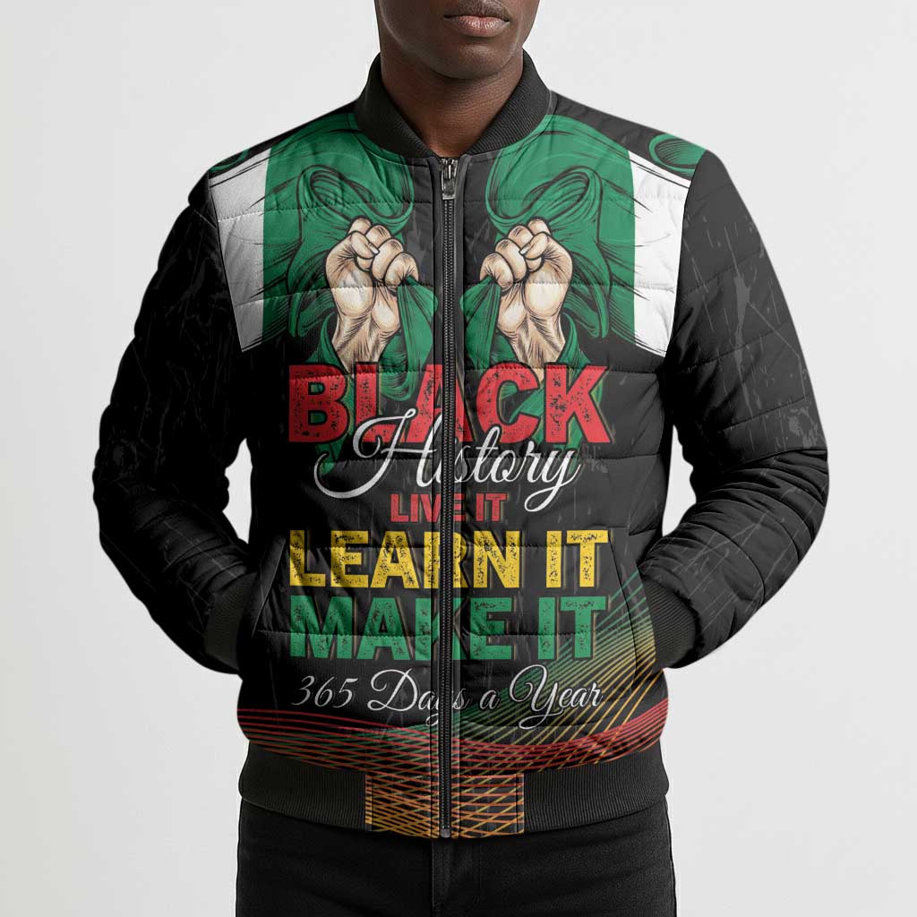 Personalized Nigeria Black History Month Bomber Puffer Jacket Live It Learn It Make It - Wonder Print Shop