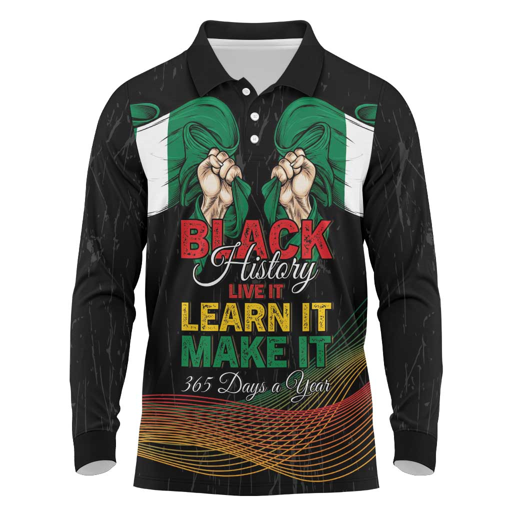 Personalized Nigeria Black History Month Long Sleeve Polo Shirt Live It Learn It Make It - Wonder Print Shop