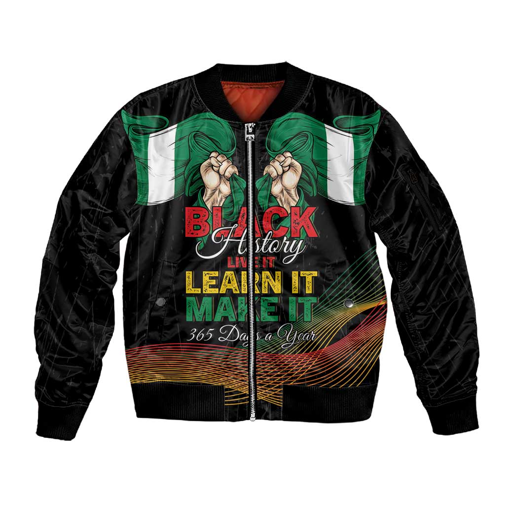 Personalized Nigeria Black History Month Sleeve Zip Bomber Jacket Live It Learn It Make It - Wonder Print Shop