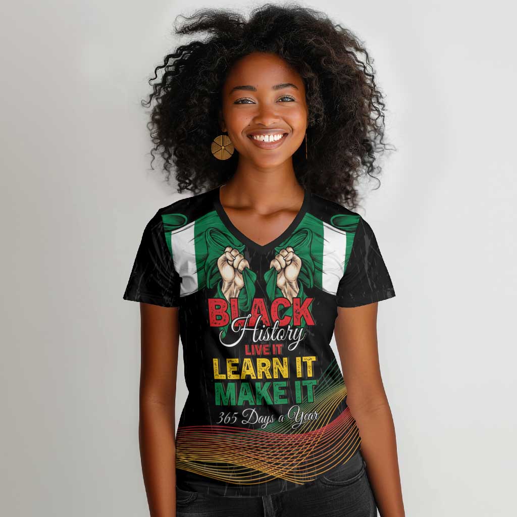 Personalized Nigeria Black History Month Women V-Neck T-Shirt Live It Learn It Make It - Wonder Print Shop