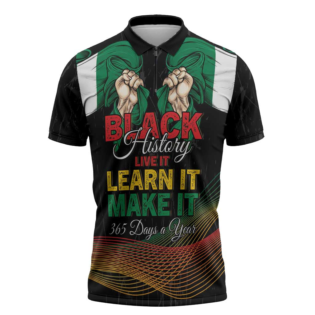 Personalized Nigeria Black History Month Zipper Polo Shirt Live It Learn It Make It - Wonder Print Shop