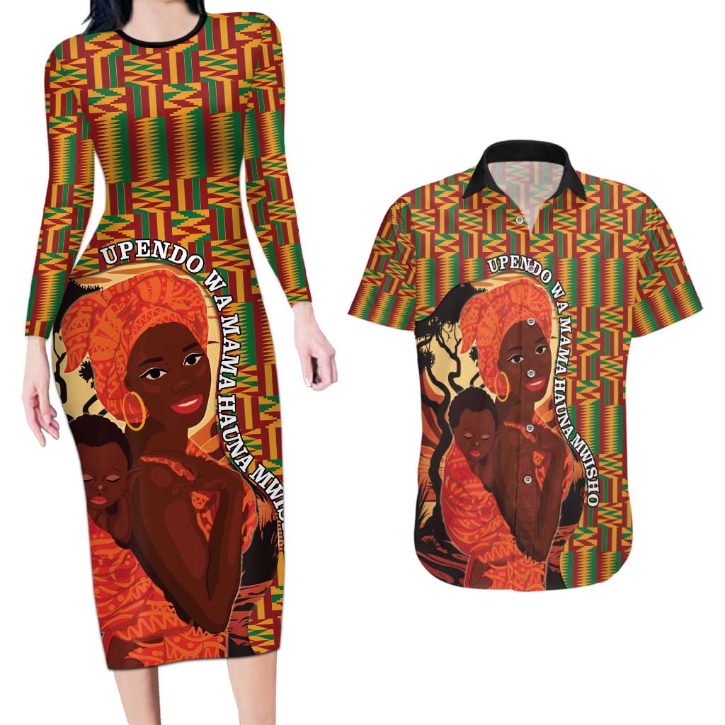 African-American Mother's Day Couples Matching Long Sleeve Bodycon Dress and Hawaiian Shirt Black Mom And Son Kente Pattern