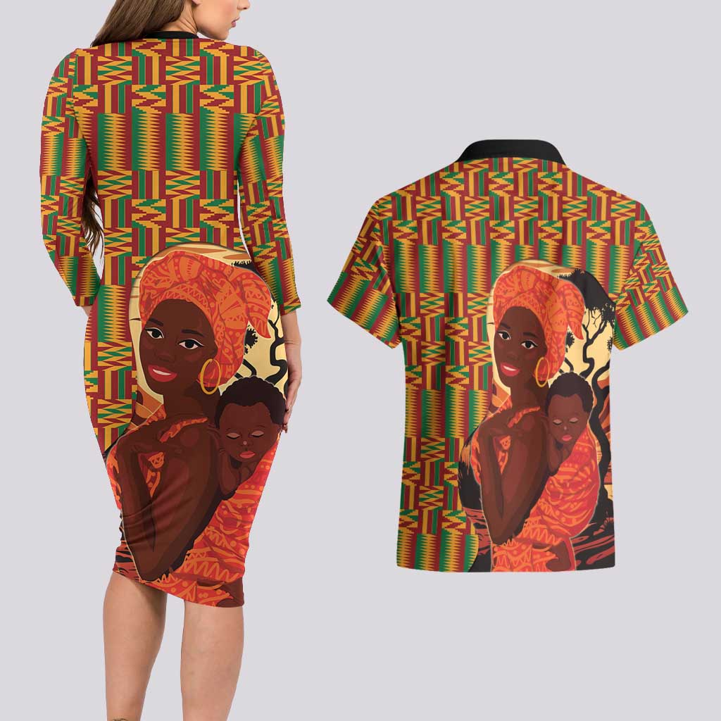 African-American Mother's Day Couples Matching Long Sleeve Bodycon Dress and Hawaiian Shirt Black Mom And Son Kente Pattern