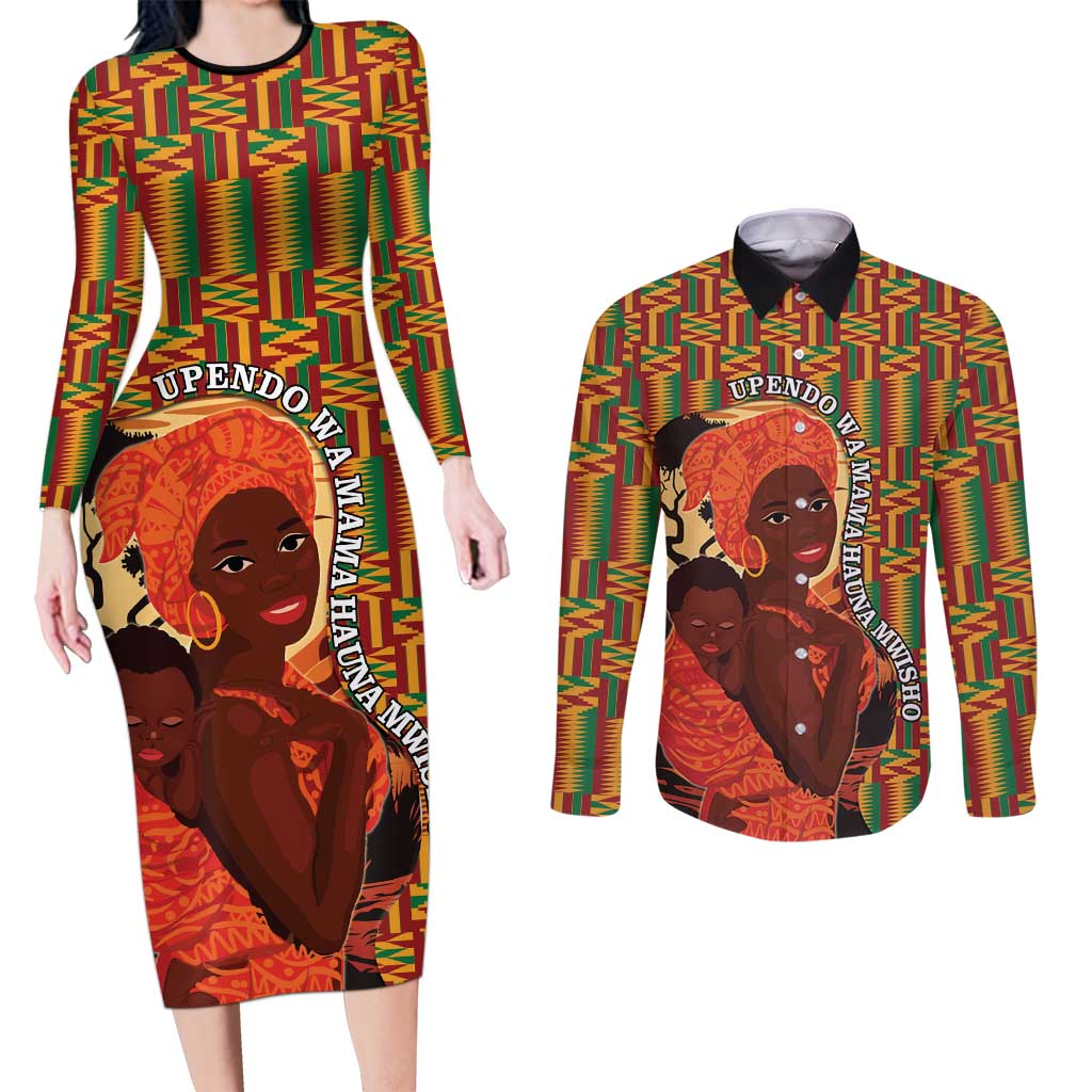 African-American Mother's Day Couples Matching Long Sleeve Bodycon Dress and Long Sleeve Button Shirt Black Mom And Son Kente Pattern