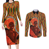 African-American Mother's Day Couples Matching Long Sleeve Bodycon Dress and Long Sleeve Button Shirt Black Mom And Son Kente Pattern