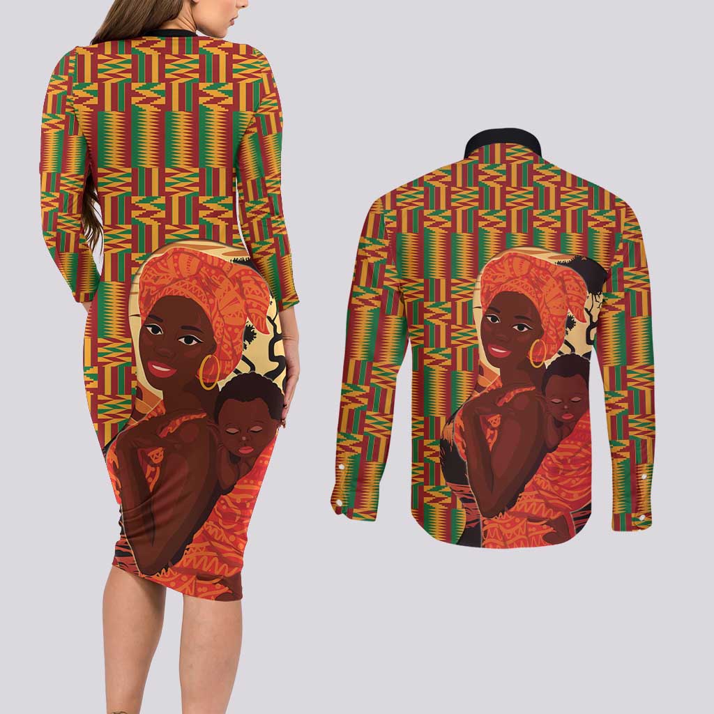 African-American Mother's Day Couples Matching Long Sleeve Bodycon Dress and Long Sleeve Button Shirt Black Mom And Son Kente Pattern