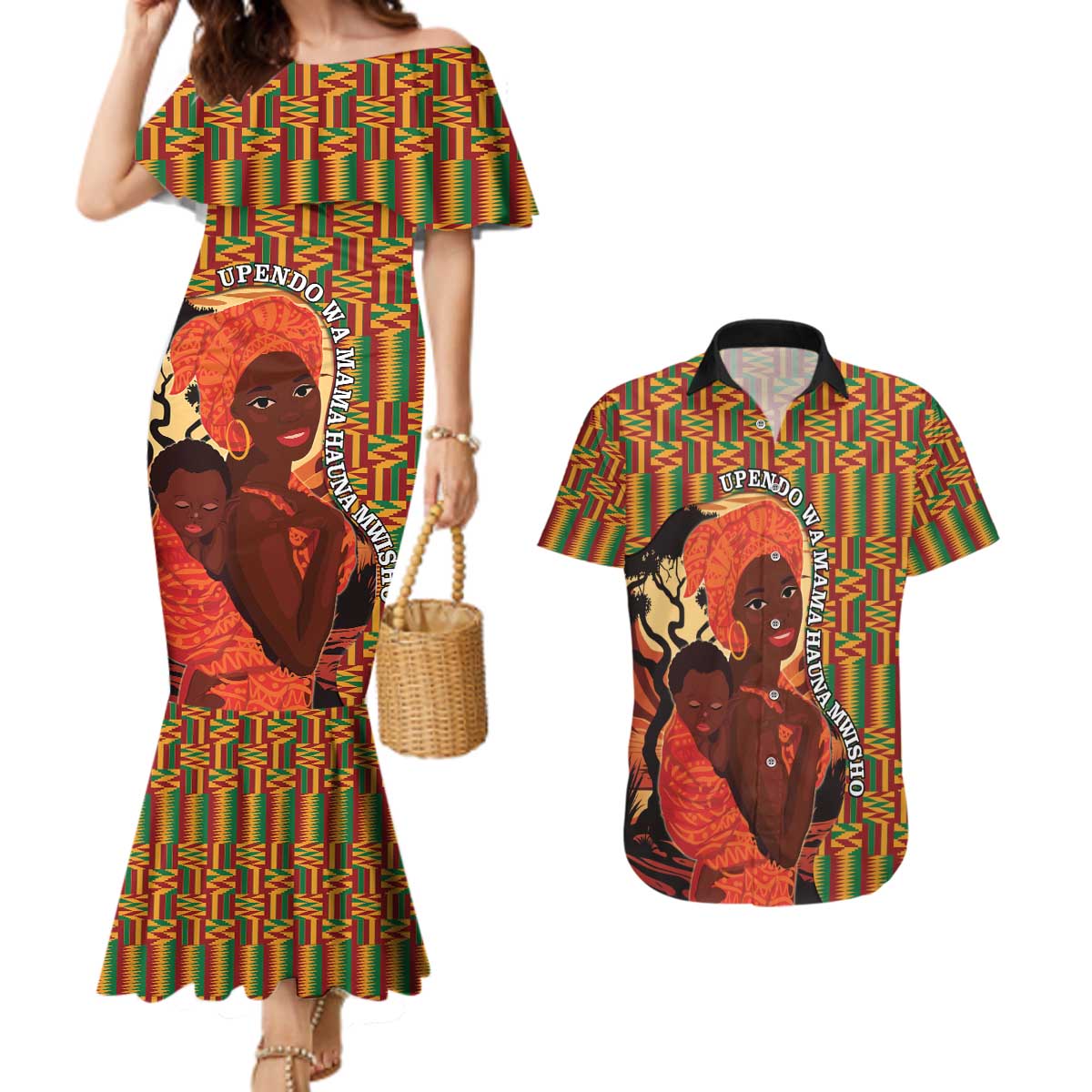 African-American Mother's Day Couples Matching Mermaid Dress and Hawaiian Shirt Black Mom And Son Kente Pattern