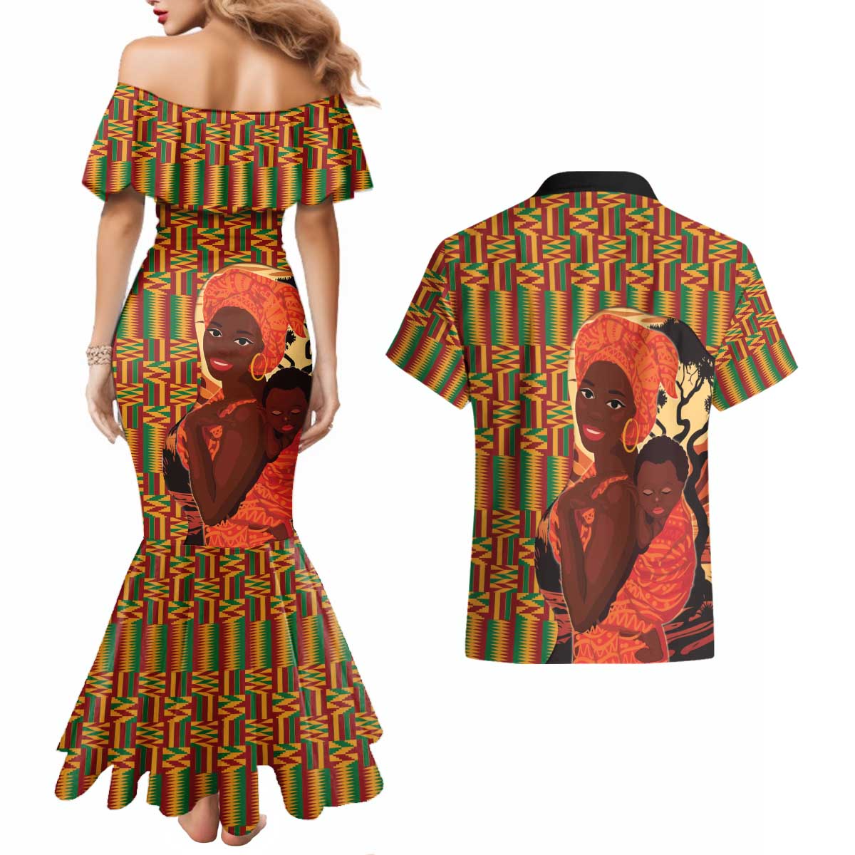 African-American Mother's Day Couples Matching Mermaid Dress and Hawaiian Shirt Black Mom And Son Kente Pattern