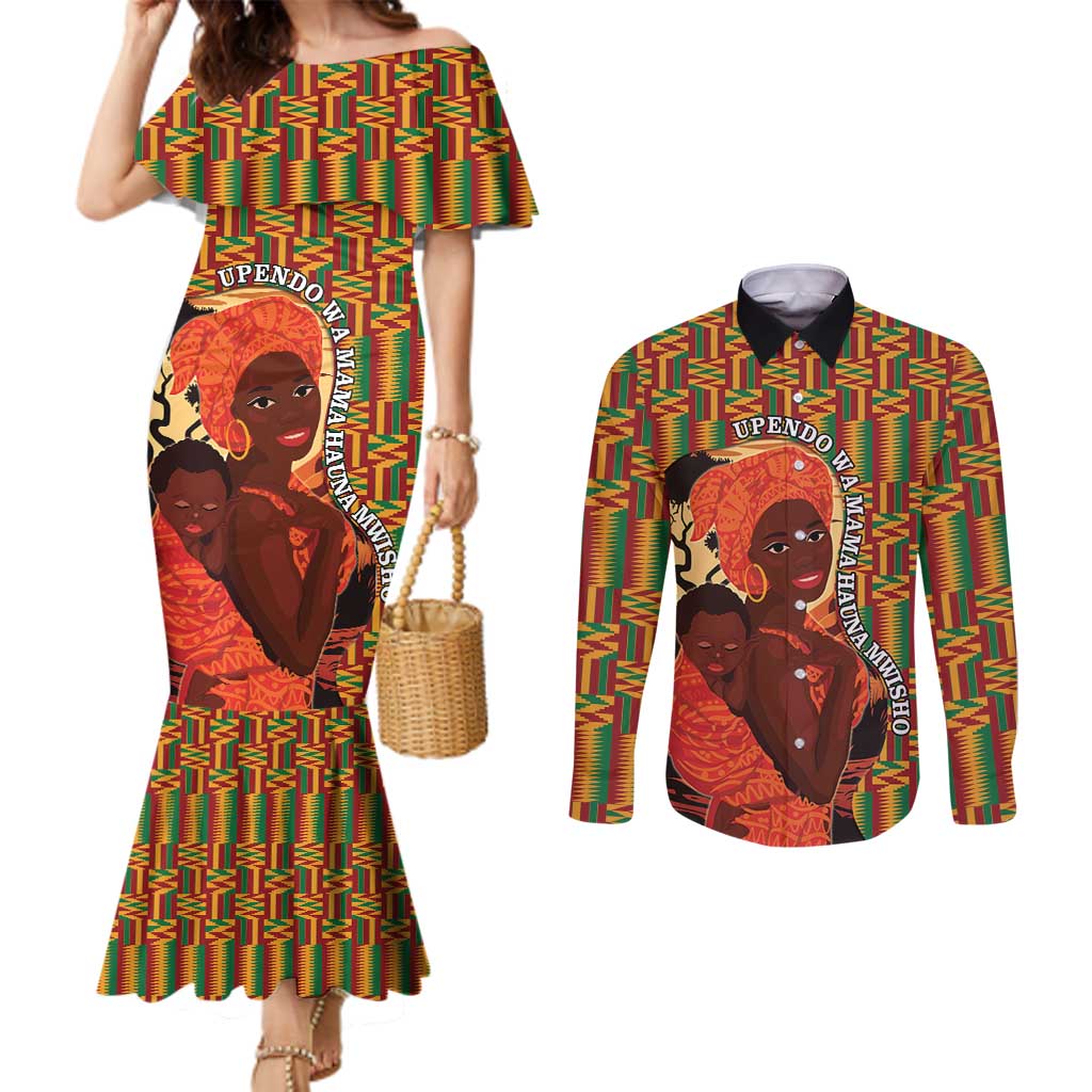 African-American Mother's Day Couples Matching Mermaid Dress and Long Sleeve Button Shirt Black Mom And Son Kente Pattern