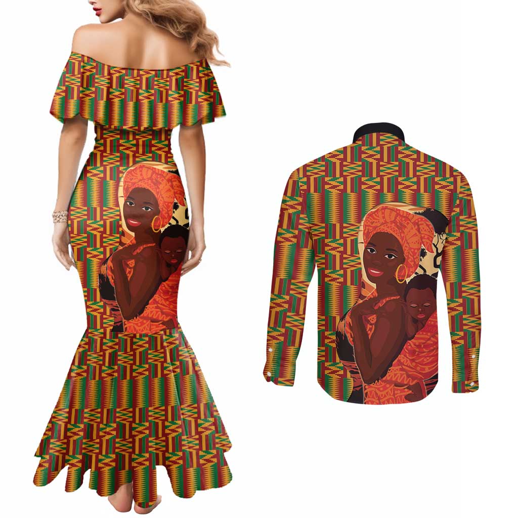 African-American Mother's Day Couples Matching Mermaid Dress and Long Sleeve Button Shirt Black Mom And Son Kente Pattern
