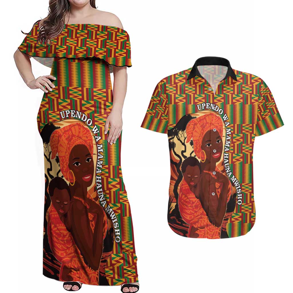 African-American Mother's Day Couples Matching Off Shoulder Maxi Dress and Hawaiian Shirt Black Mom And Son Kente Pattern