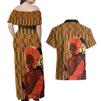 African-American Mother's Day Couples Matching Off Shoulder Maxi Dress and Hawaiian Shirt Black Mom And Son Kente Pattern