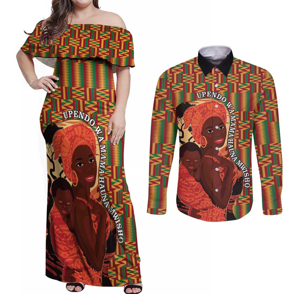 African-American Mother's Day Couples Matching Off Shoulder Maxi Dress and Long Sleeve Button Shirt Black Mom And Son Kente Pattern