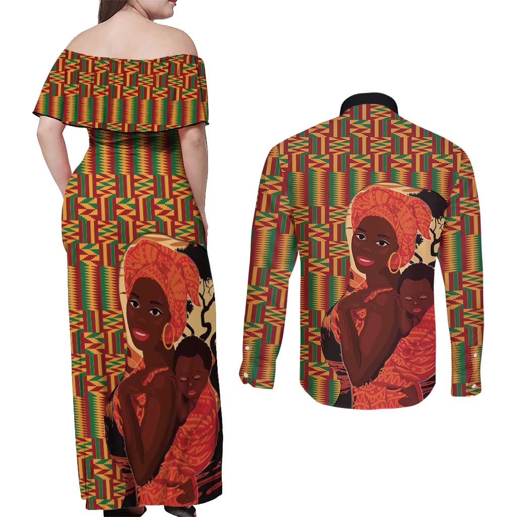African-American Mother's Day Couples Matching Off Shoulder Maxi Dress and Long Sleeve Button Shirt Black Mom And Son Kente Pattern