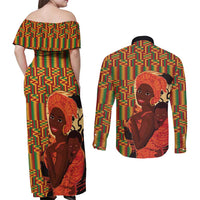 African-American Mother's Day Couples Matching Off Shoulder Maxi Dress and Long Sleeve Button Shirt Black Mom And Son Kente Pattern