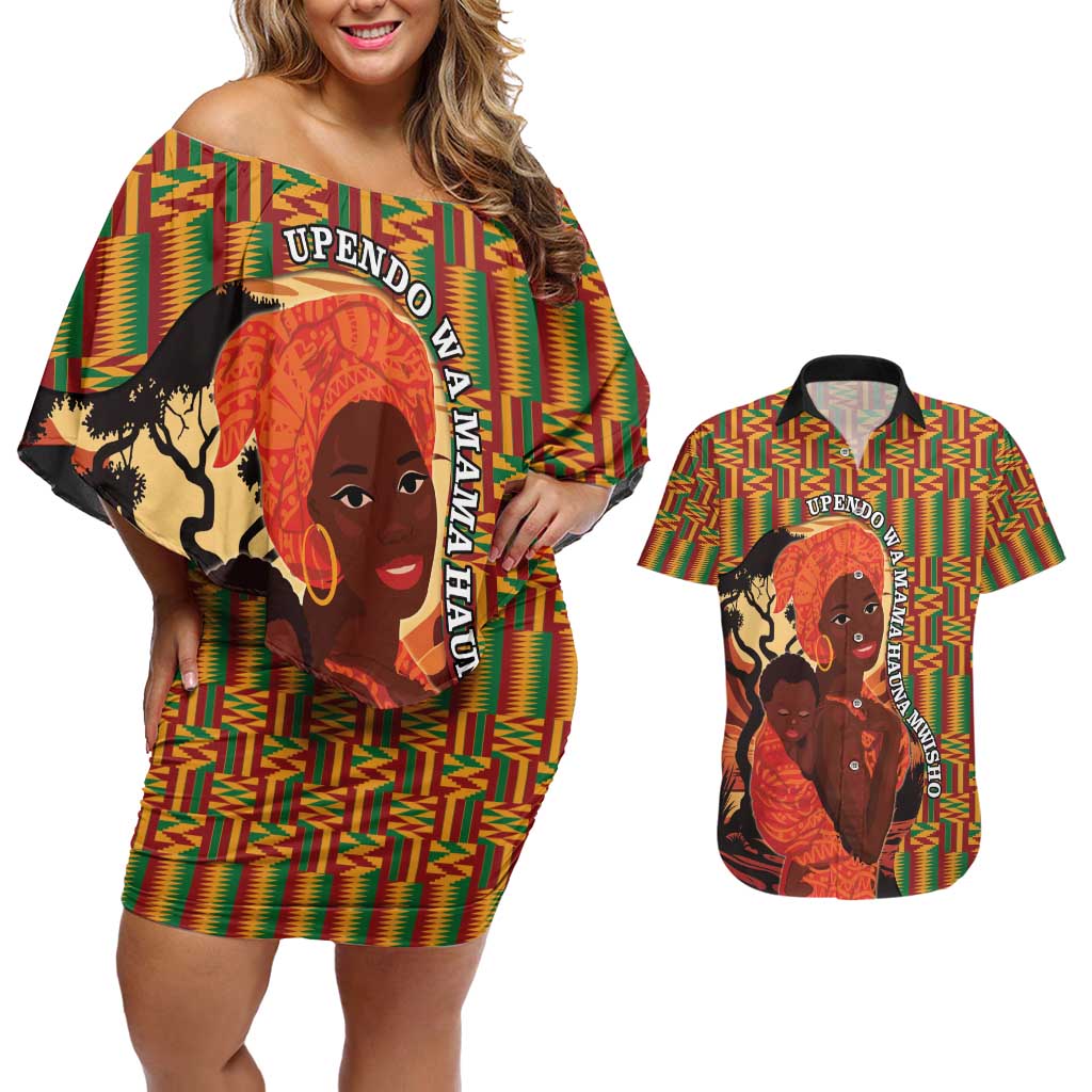 African-American Mother's Day Couples Matching Off Shoulder Short Dress and Hawaiian Shirt Black Mom And Son Kente Pattern