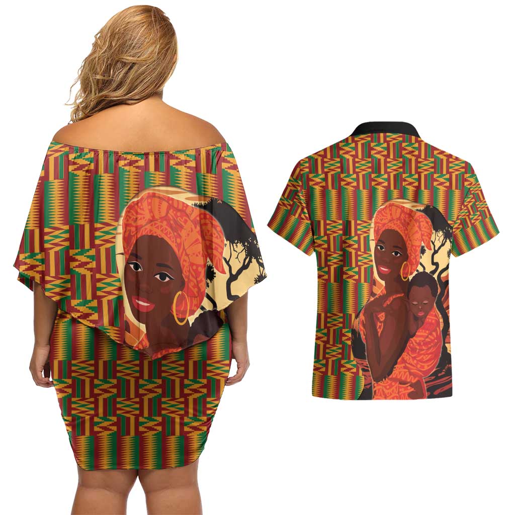 African-American Mother's Day Couples Matching Off Shoulder Short Dress and Hawaiian Shirt Black Mom And Son Kente Pattern