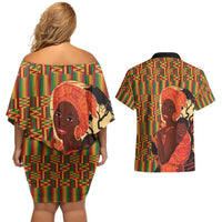 African-American Mother's Day Couples Matching Off Shoulder Short Dress and Hawaiian Shirt Black Mom And Son Kente Pattern