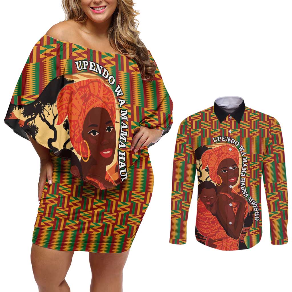 African-American Mother's Day Couples Matching Off Shoulder Short Dress and Long Sleeve Button Shirt Black Mom And Son Kente Pattern