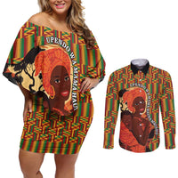 African-American Mother's Day Couples Matching Off Shoulder Short Dress and Long Sleeve Button Shirt Black Mom And Son Kente Pattern