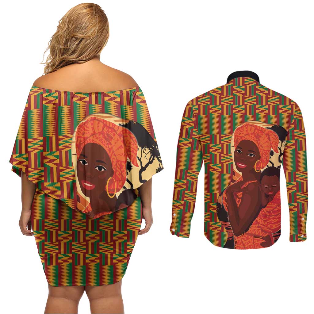 African-American Mother's Day Couples Matching Off Shoulder Short Dress and Long Sleeve Button Shirt Black Mom And Son Kente Pattern