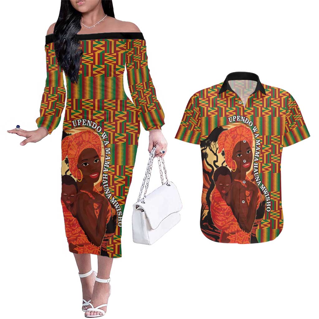 African-American Mother's Day Couples Matching Off The Shoulder Long Sleeve Dress and Hawaiian Shirt Black Mom And Son Kente Pattern