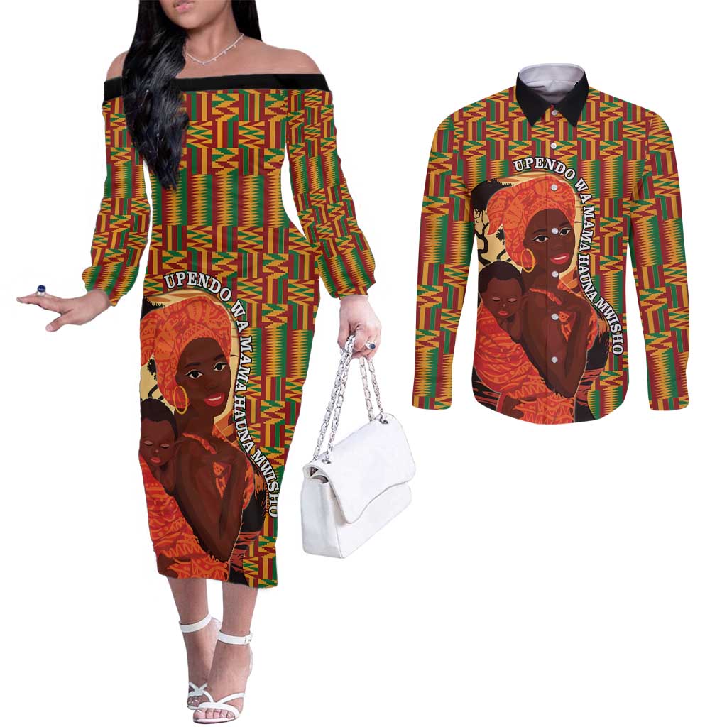 African-American Mother's Day Couples Matching Off The Shoulder Long Sleeve Dress and Long Sleeve Button Shirt Black Mom And Son Kente Pattern