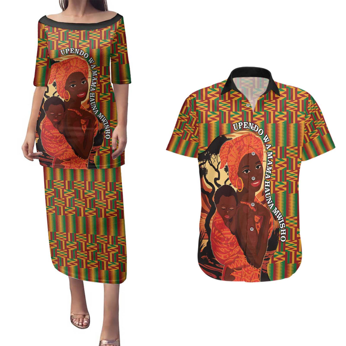 African-American Mother's Day Couples Matching Puletasi and Hawaiian Shirt Black Mom And Son Kente Pattern