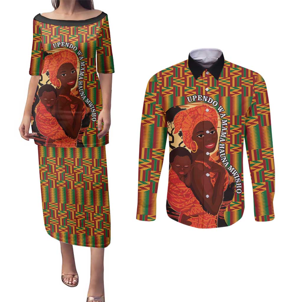 African-American Mother's Day Couples Matching Puletasi and Long Sleeve Button Shirt Black Mom And Son Kente Pattern
