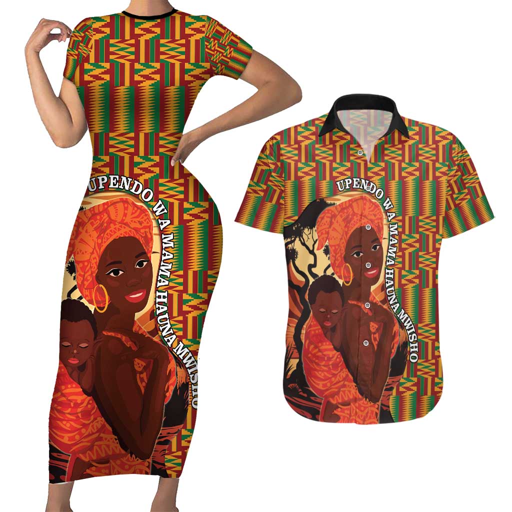 African-American Mother's Day Couples Matching Short Sleeve Bodycon Dress and Hawaiian Shirt Black Mom And Son Kente Pattern