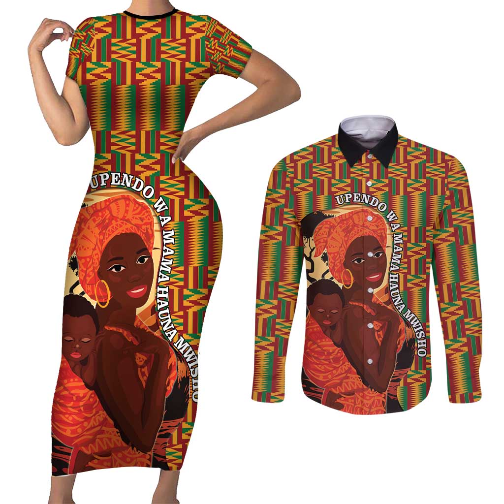 African-American Mother's Day Couples Matching Short Sleeve Bodycon Dress and Long Sleeve Button Shirt Black Mom And Son Kente Pattern