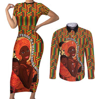 African-American Mother's Day Couples Matching Short Sleeve Bodycon Dress and Long Sleeve Button Shirt Black Mom And Son Kente Pattern