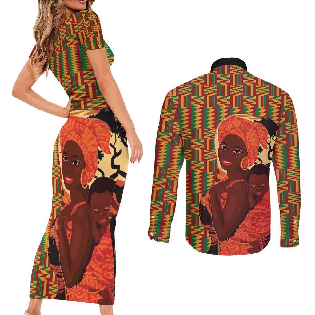 African-American Mother's Day Couples Matching Short Sleeve Bodycon Dress and Long Sleeve Button Shirt Black Mom And Son Kente Pattern