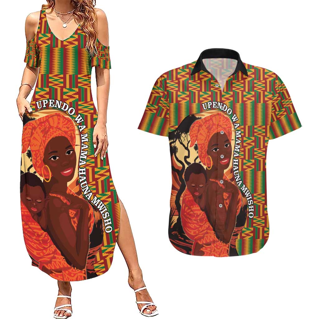 African-American Mother's Day Couples Matching Summer Maxi Dress and Hawaiian Shirt Black Mom And Son Kente Pattern