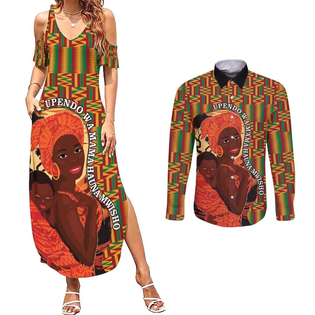 African-American Mother's Day Couples Matching Summer Maxi Dress and Long Sleeve Button Shirt Black Mom And Son Kente Pattern