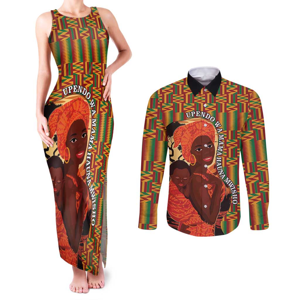 African-American Mother's Day Couples Matching Tank Maxi Dress and Long Sleeve Button Shirt Black Mom And Son Kente Pattern